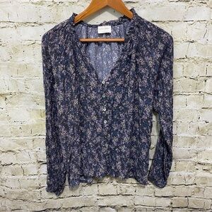 Allie Rose Purple Floral V Neck Ruffle Button Up Shirt